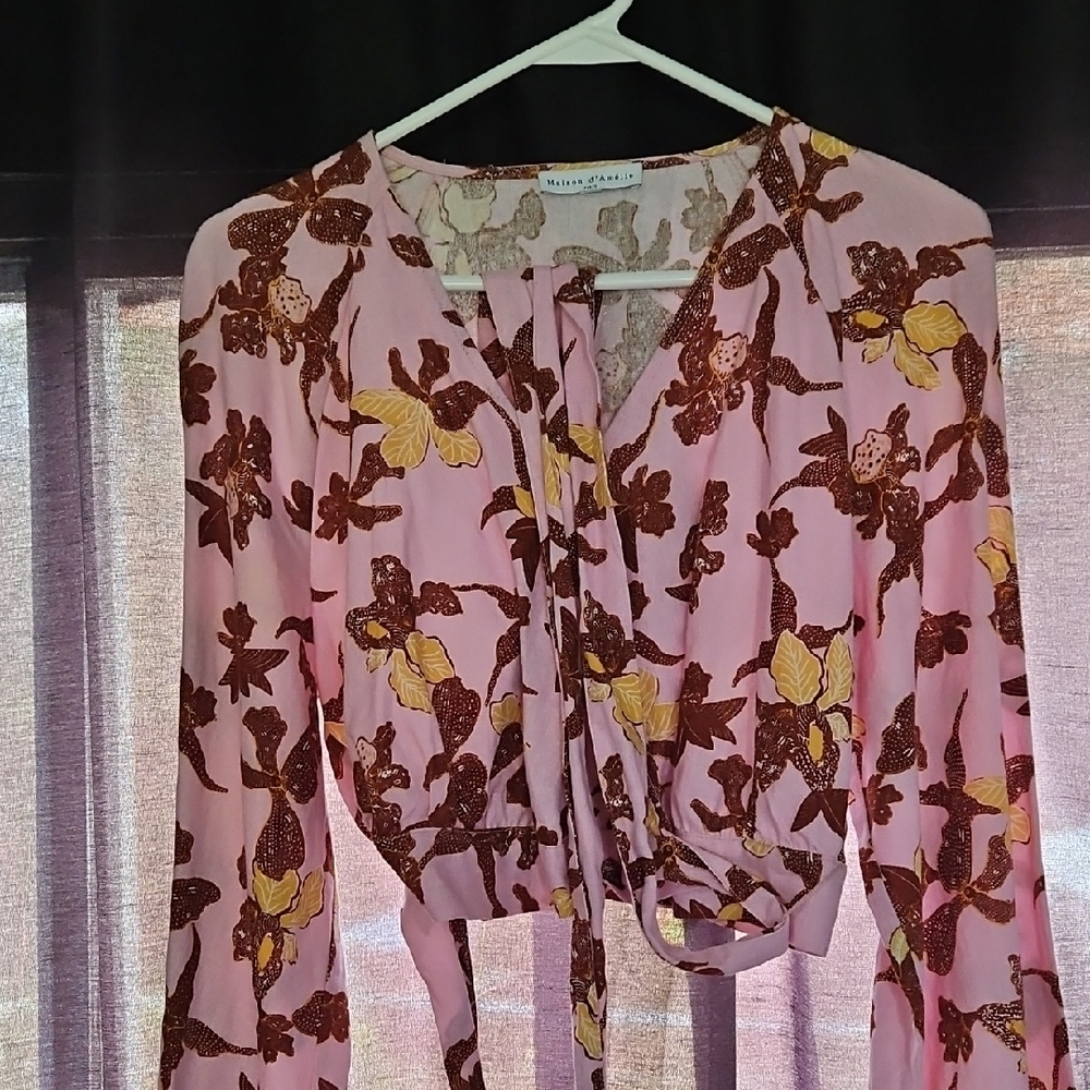 Linen Floral Wrap Blouse in Pink and Brown